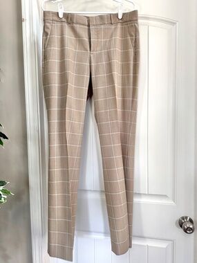 Banana Republic Logan Plaid Trousers Size 8 Tan Wool Blend Mid Rise Straight Leg